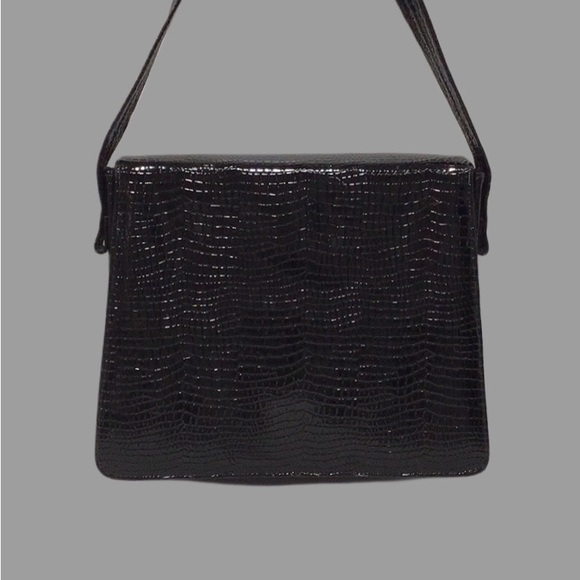 Vintage AIR STEP Black Patent Leather Croc Embossed Structured Shoulder Box Bag - Picture 7 of 13